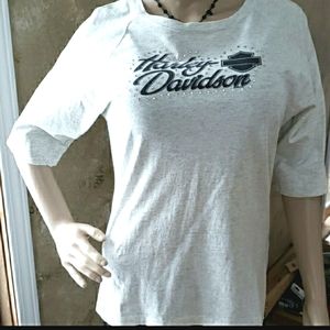 Harley Davidson Shirt Authentic  Women 100% Cotton Elbow L Heather Ivory New